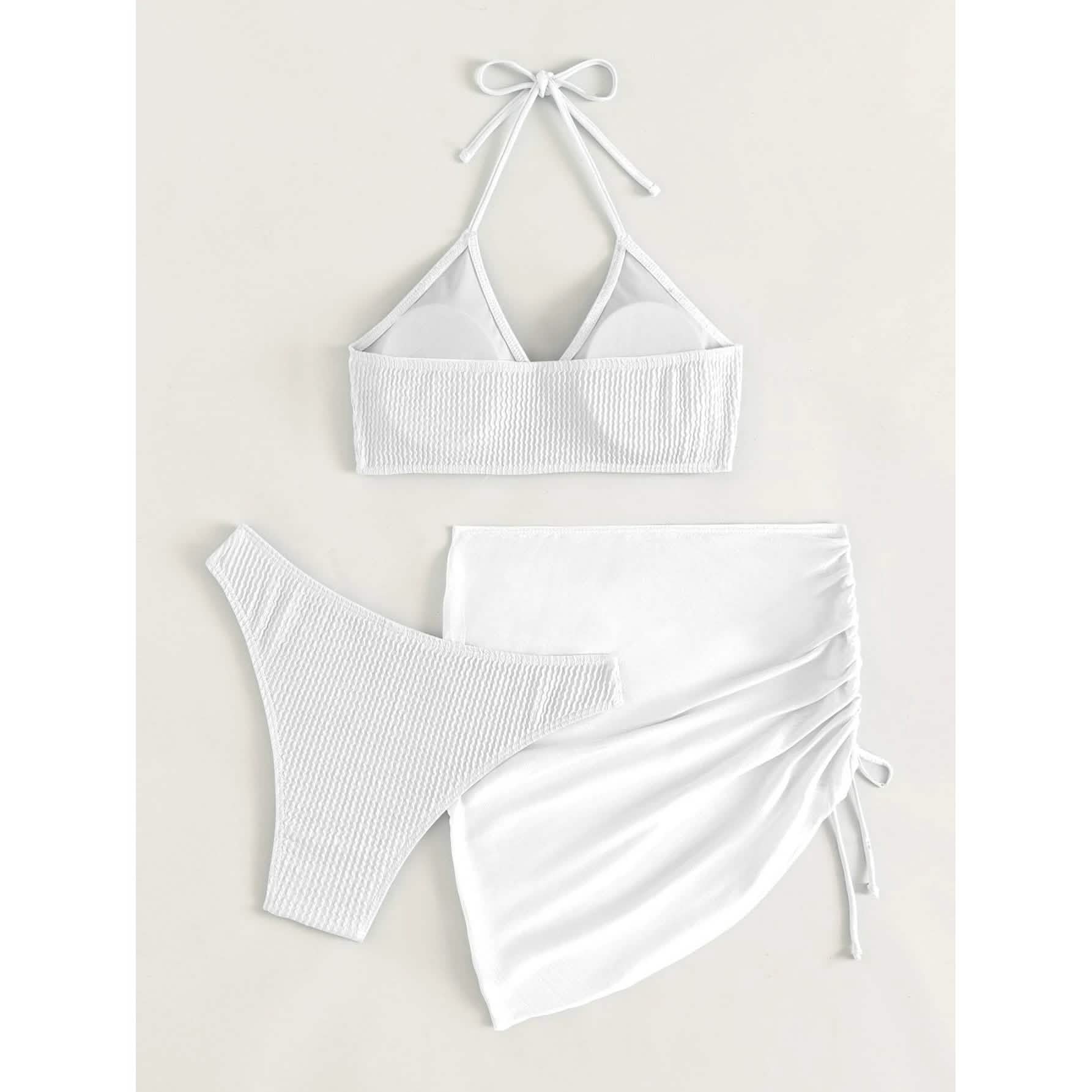 3-Pack: Textured Ring Linked Halter Bikini Swimsuit & Beach Skirt DailySale