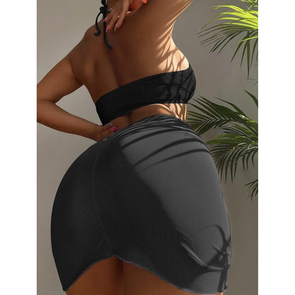 3-Pack: Textured Ring Linked Halter Bikini Swimsuit & Beach Skirt DailySale