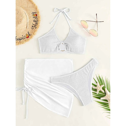 3-Pack: Textured Ring Linked Halter Bikini Swimsuit & Beach Skirt DailySale