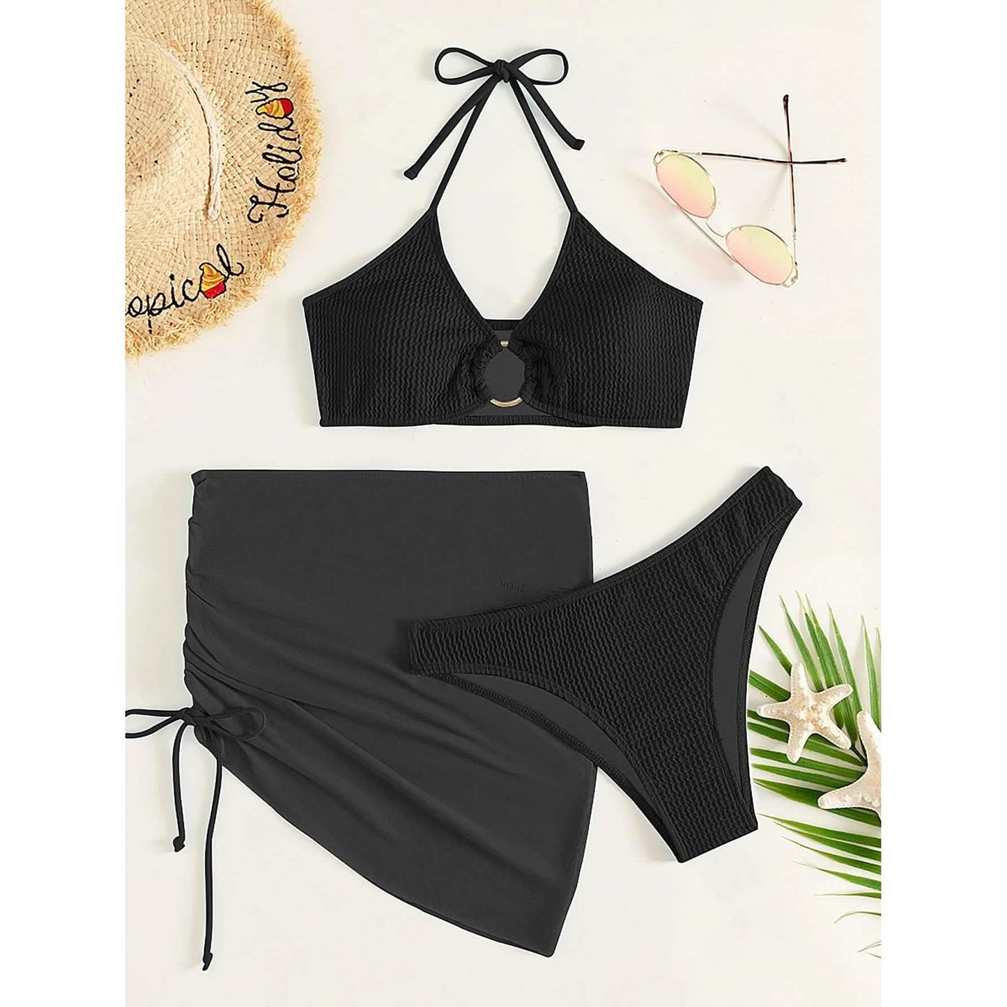 3-Pack: Textured Ring Linked Halter Bikini Swimsuit & Beach Skirt DailySale
