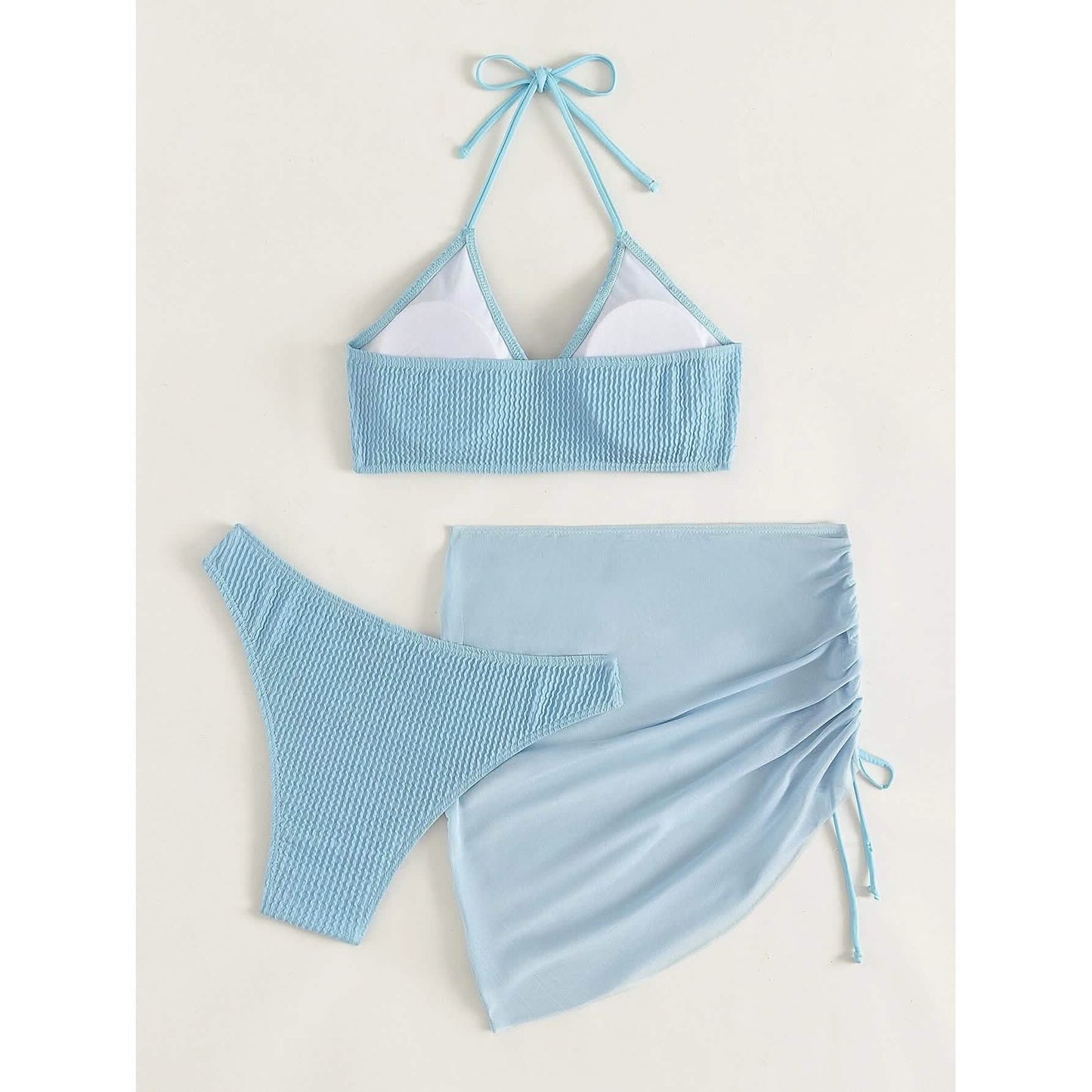 3-Pack: Textured Ring Linked Halter Bikini Swimsuit & Beach Skirt DailySale