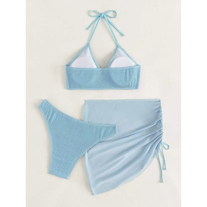 3-Pack: Textured Ring Linked Halter Bikini Swimsuit & Beach Skirt DailySale
