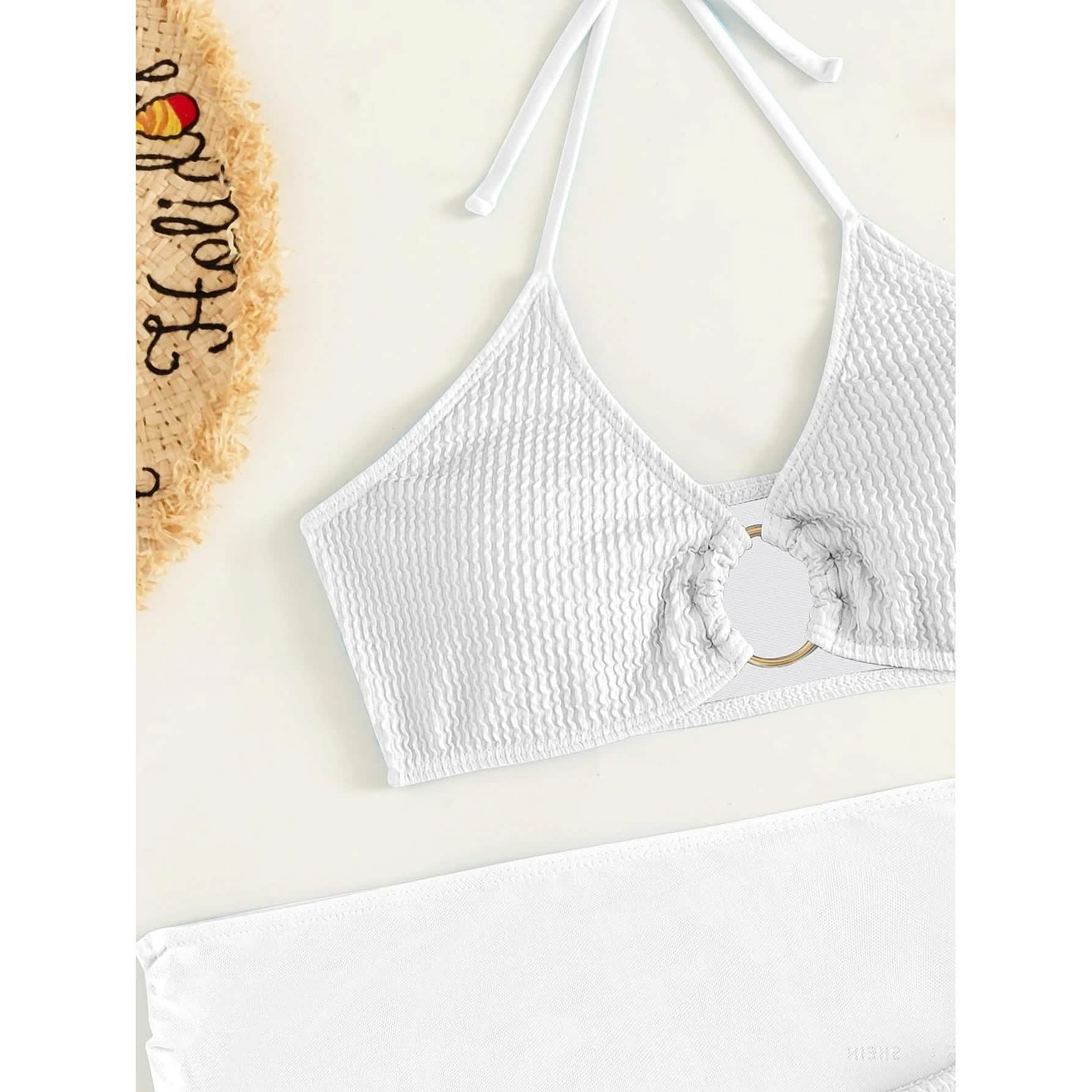 3-Pack: Textured Ring Linked Halter Bikini Swimsuit & Beach Skirt DailySale