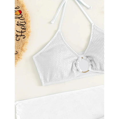 3-Pack: Textured Ring Linked Halter Bikini Swimsuit & Beach Skirt DailySale