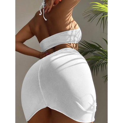 3-Pack: Textured Ring Linked Halter Bikini Swimsuit & Beach Skirt DailySale