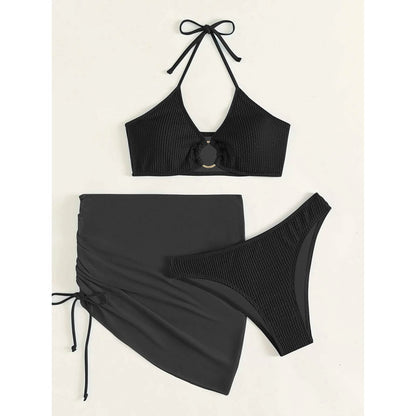 3-Pack: Textured Ring Linked Halter Bikini Swimsuit & Beach Skirt DailySale