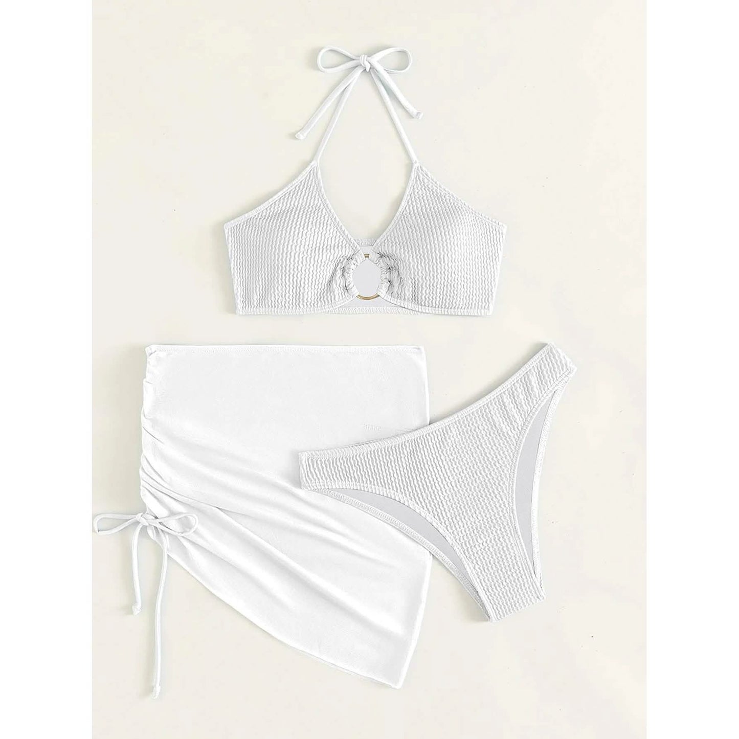 3-Pack: Textured Ring Linked Halter Bikini Swimsuit & Beach Skirt DailySale