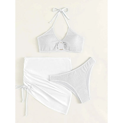 3-Pack: Textured Ring Linked Halter Bikini Swimsuit & Beach Skirt DailySale