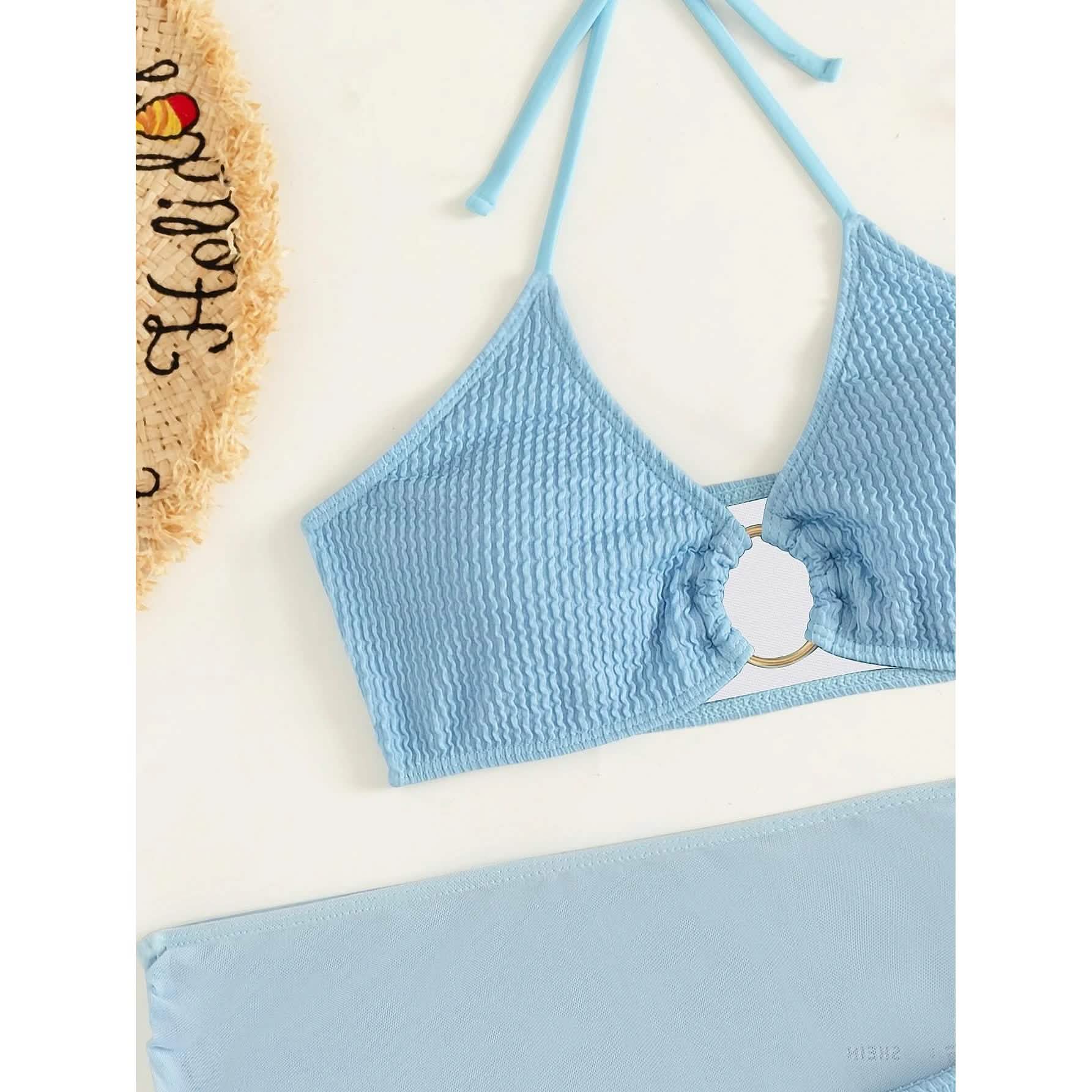 3-Pack: Textured Ring Linked Halter Bikini Swimsuit & Beach Skirt DailySale