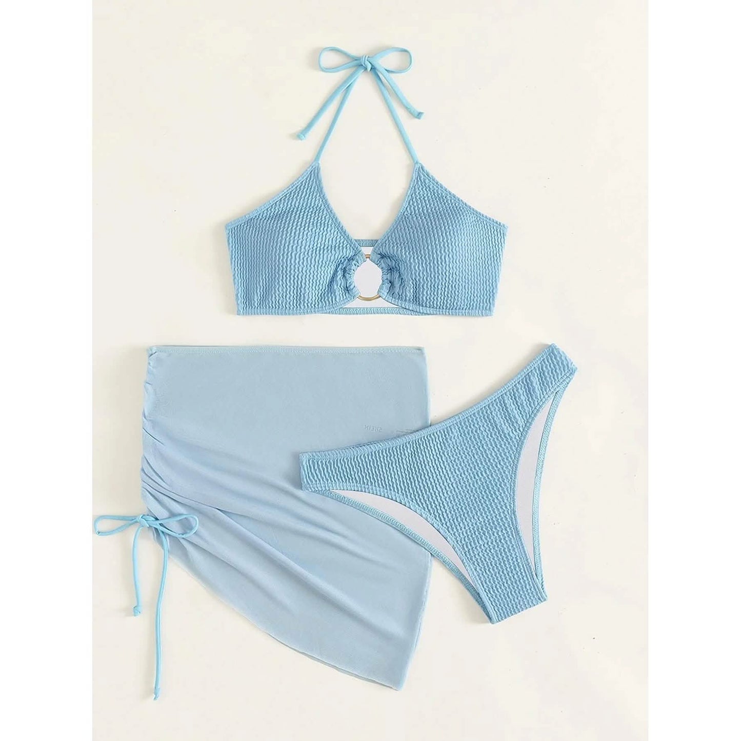 3-Pack: Textured Ring Linked Halter Bikini Swimsuit & Beach Skirt DailySale