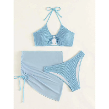 3-Pack: Textured Ring Linked Halter Bikini Swimsuit & Beach Skirt DailySale
