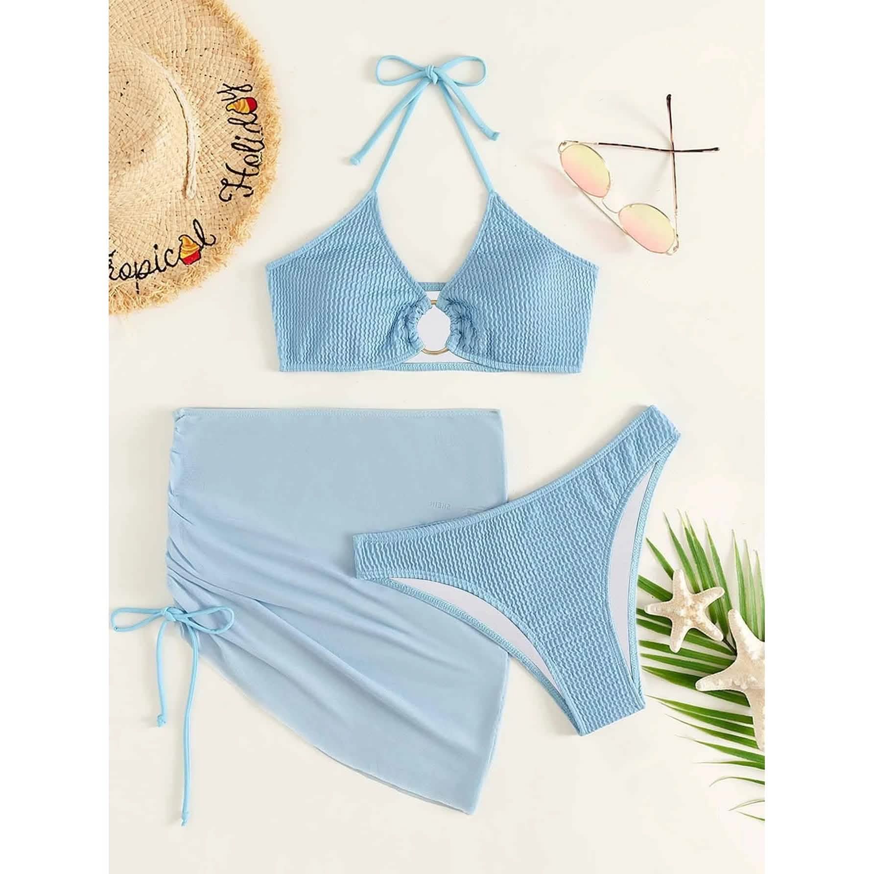 3-Pack: Textured Ring Linked Halter Bikini Swimsuit & Beach Skirt DailySale