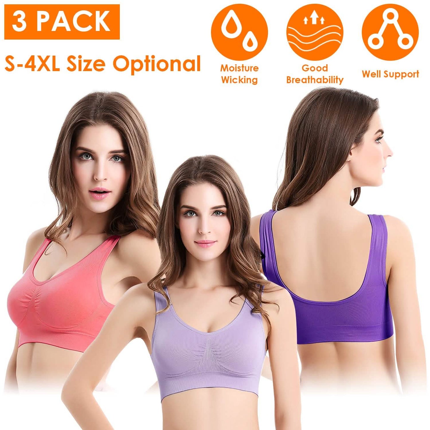 3-Pack: Women Seamless Wire-free Bra for Fitness Workout DailySale
