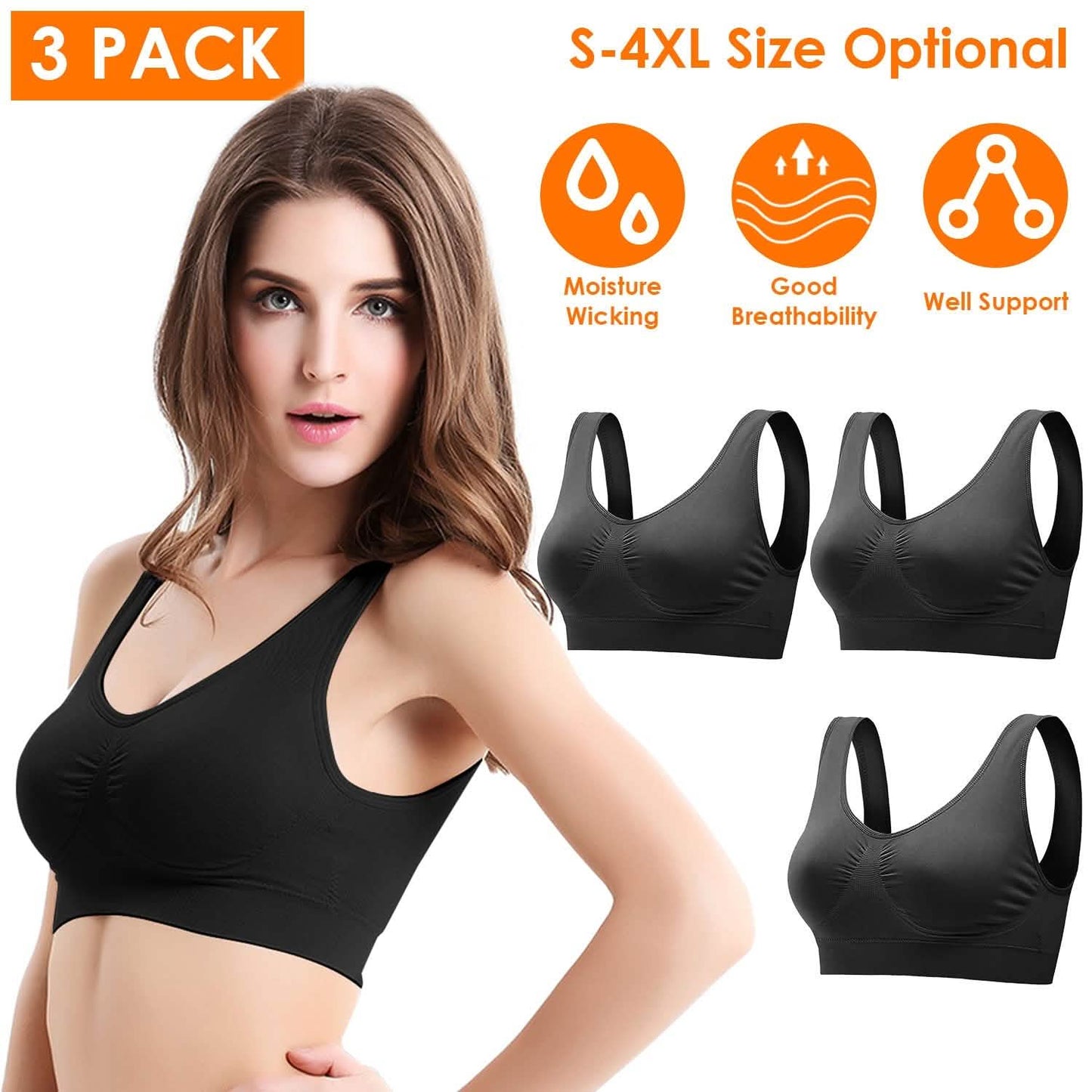 3-Pack: Women Seamless Wire-free Bra for Fitness Workout DailySale