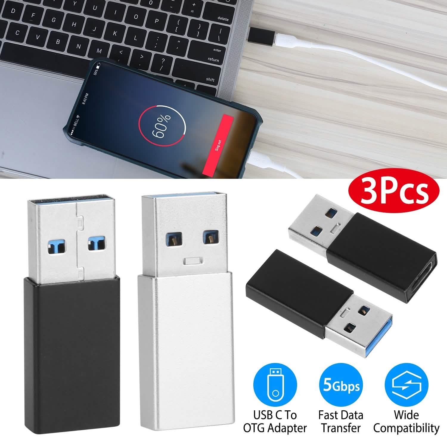 3-Packs: USB Type-C Male to USB A 3.0 OTG Male Port Converter DailySale