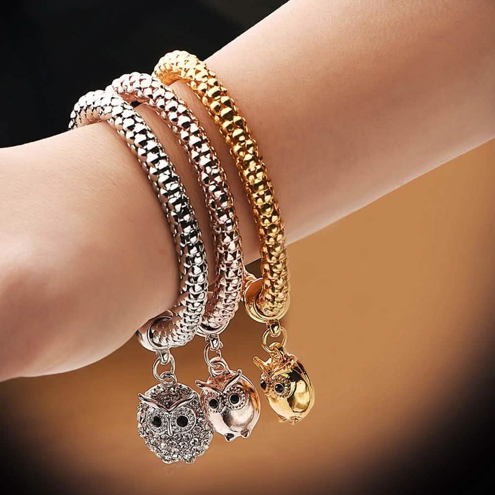 3-Piece: 18K Tri-Tone Owl Charm Stretch Popcorn Bracelet Set DailySale