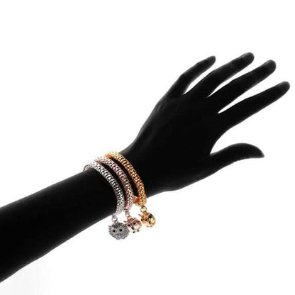 3-Piece: 18K Tri-Tone Owl Charm Stretch Popcorn Bracelet Set DailySale