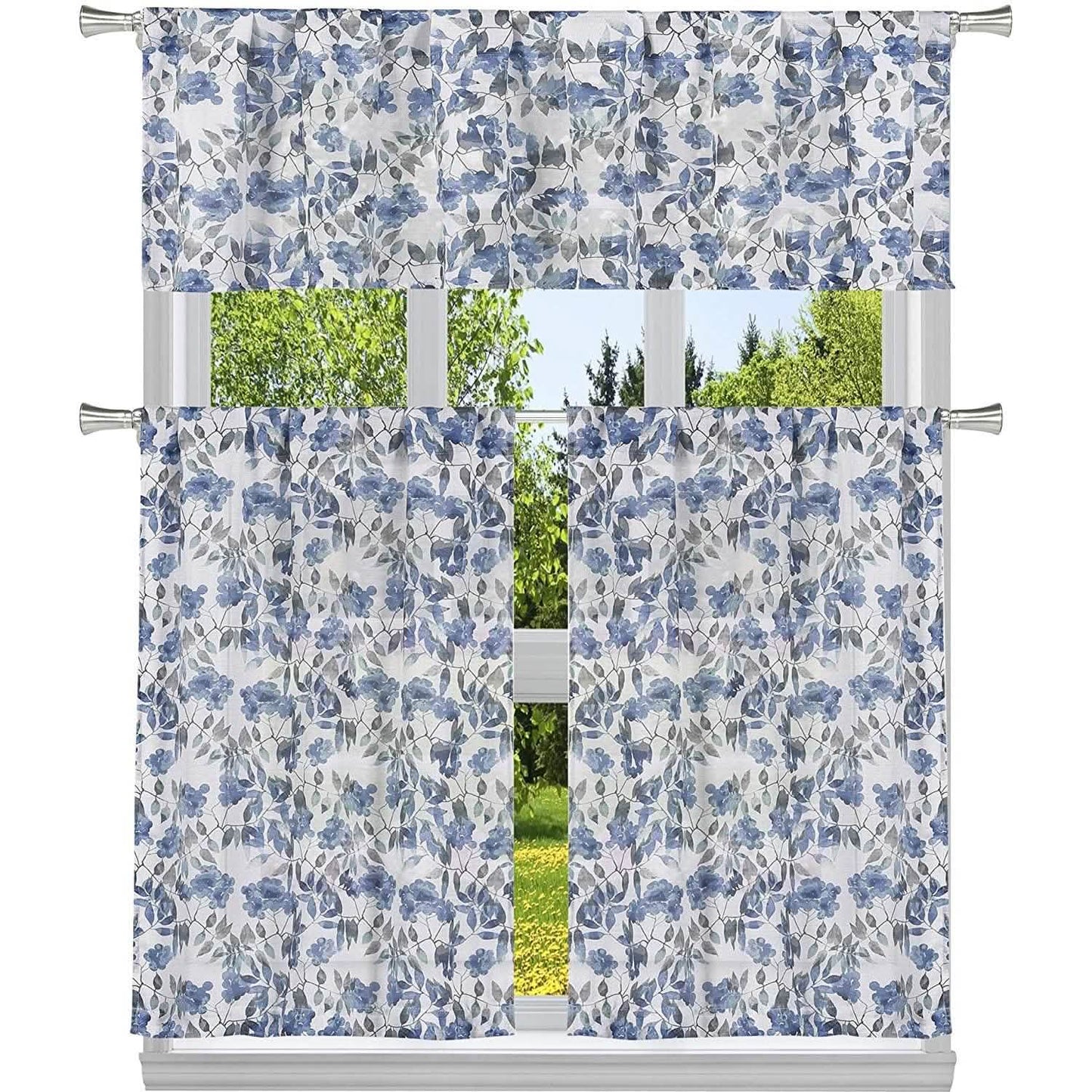 3-Piece: Chic Floral Pattern Semi-Sheer Kitchen Curtain Tier and Valance Set DailySale