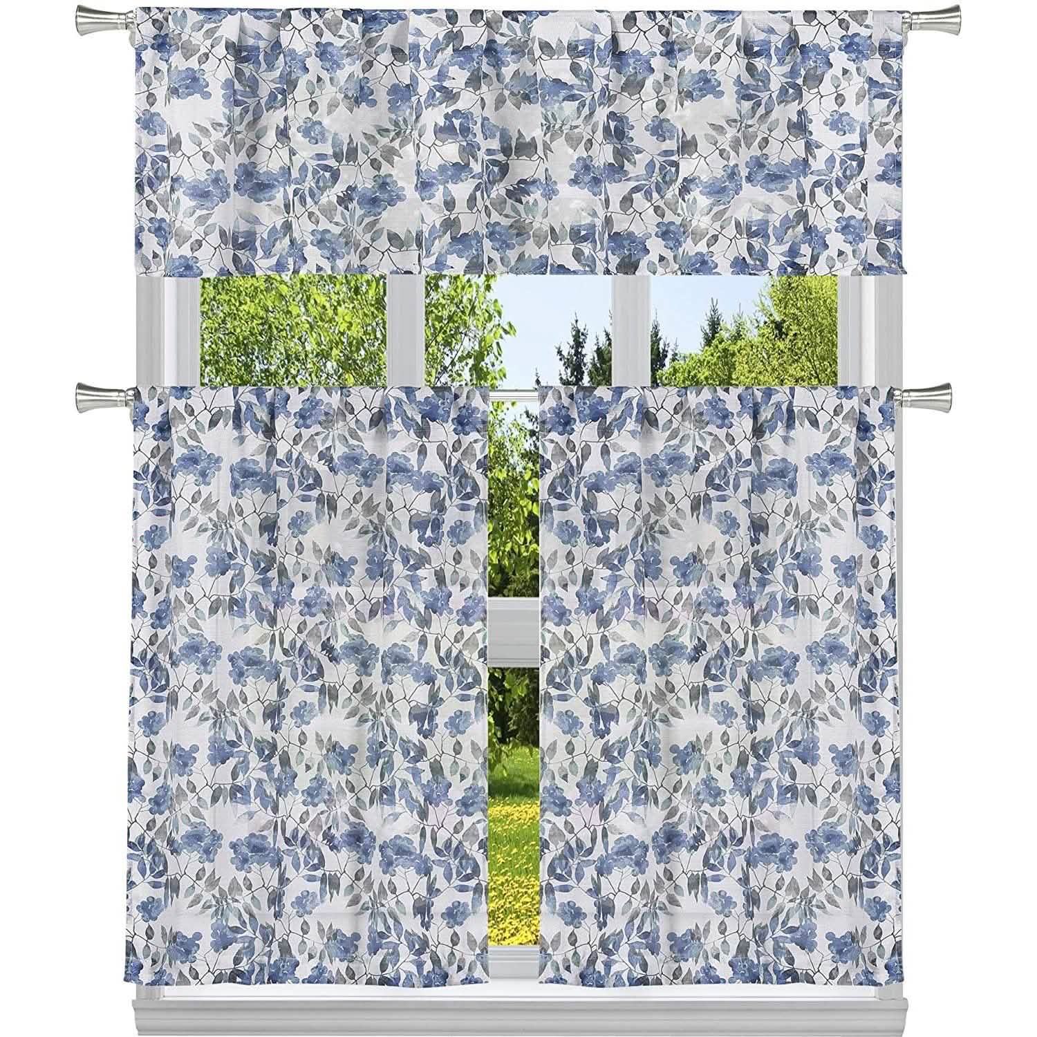 3-Piece: Chic Floral Pattern Semi-Sheer Kitchen Curtain Tier and Valance Set DailySale