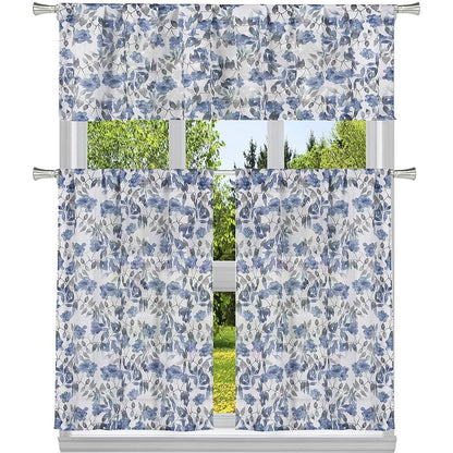 3-Piece: Chic Floral Pattern Semi-Sheer Kitchen Curtain Tier and Valance Set DailySale