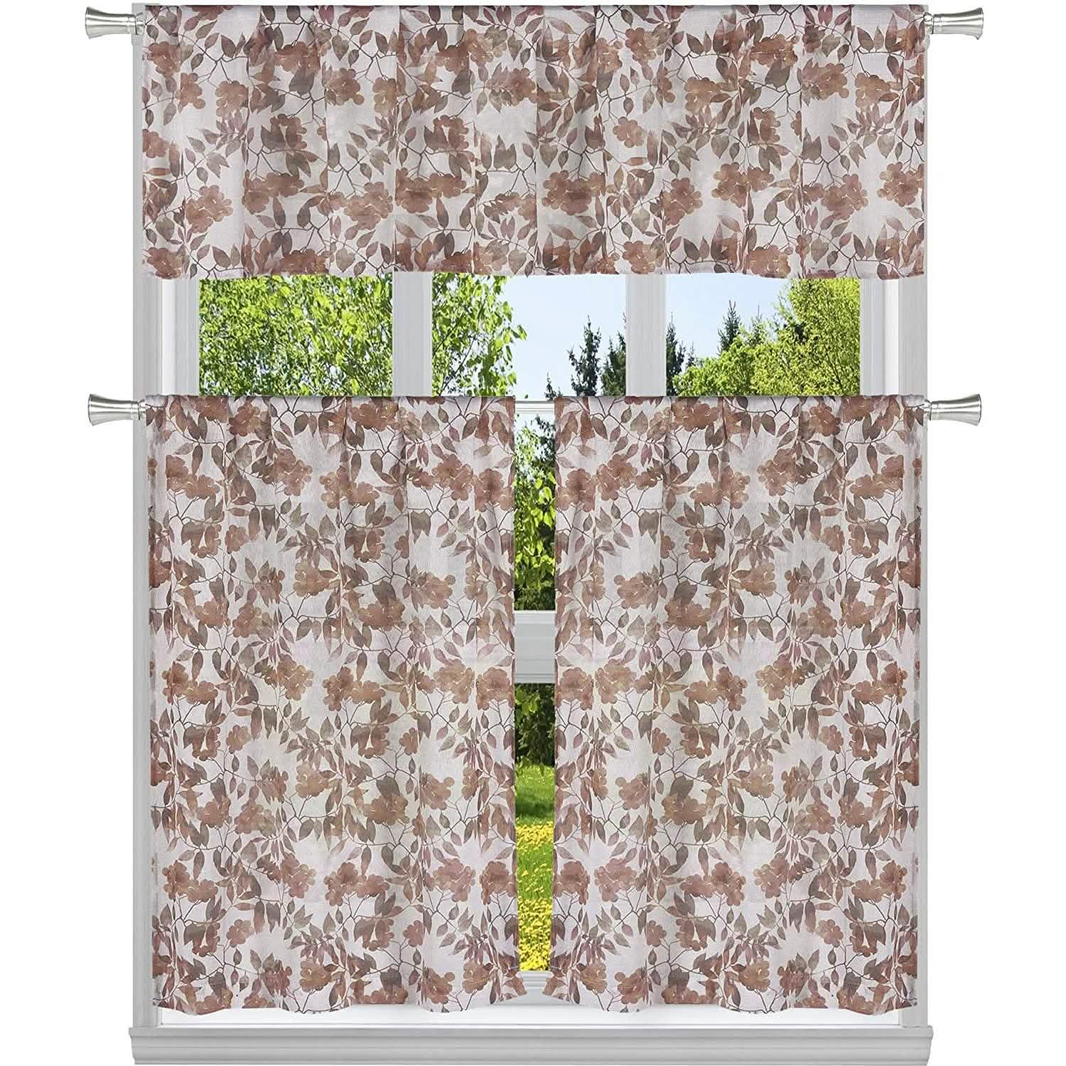 3-Piece: Chic Floral Pattern Semi-Sheer Kitchen Curtain Tier and Valance Set DailySale