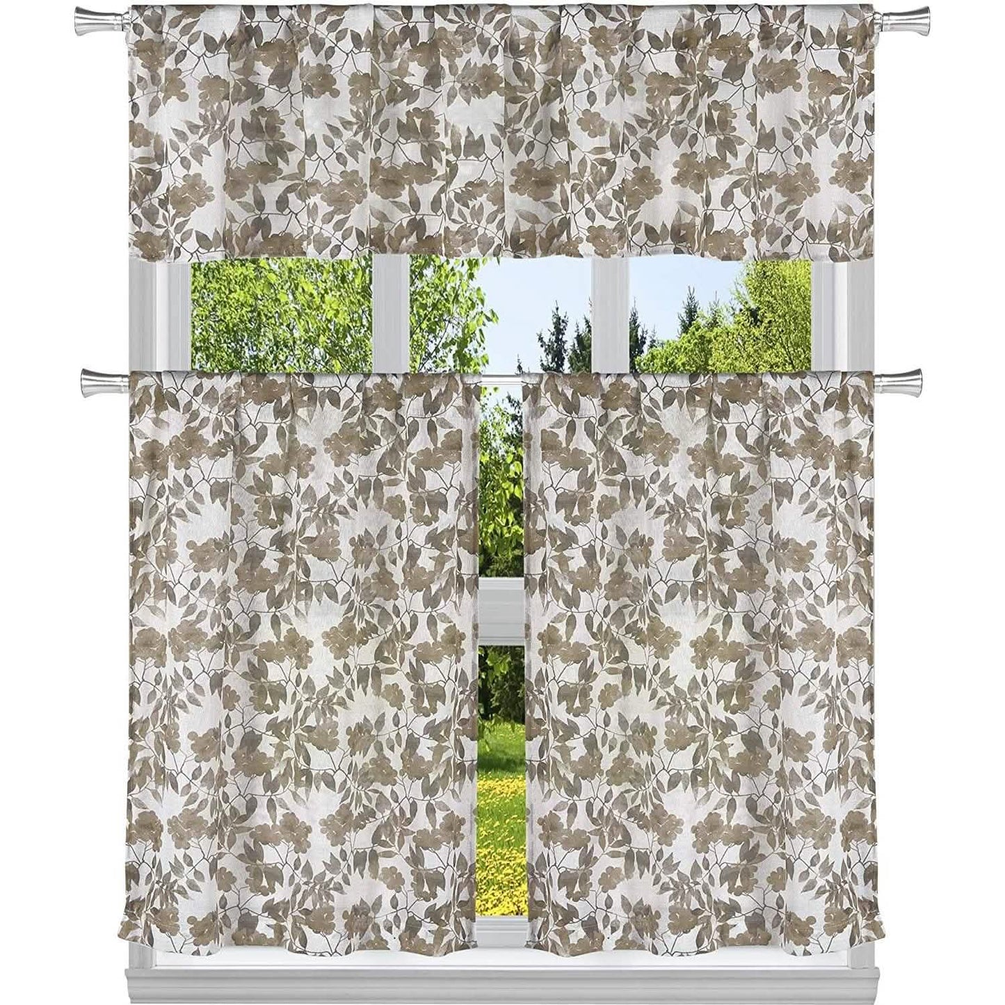 3-Piece: Chic Floral Pattern Semi-Sheer Kitchen Curtain Tier and Valance Set DailySale