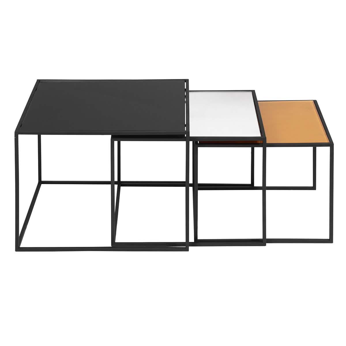 3-Piece: Mirror Top Nesting Coffee Table End Desk/Side Table Set in Black Steel Tube DailySale
