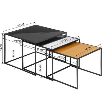 3-Piece: Mirror Top Nesting Coffee Table End Desk/Side Table Set in Black Steel Tube DailySale