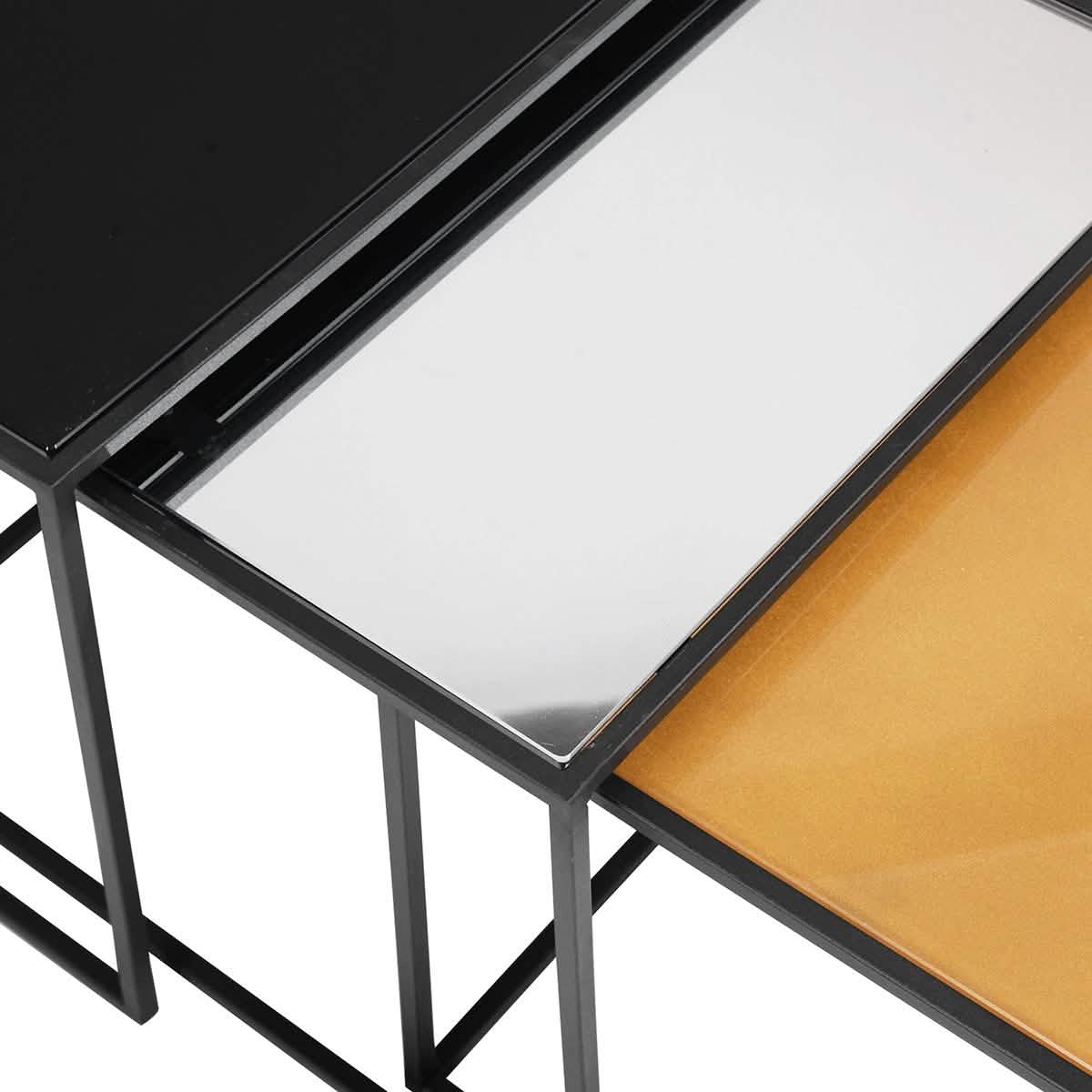 3-Piece: Mirror Top Nesting Coffee Table End Desk/Side Table Set in Black Steel Tube DailySale
