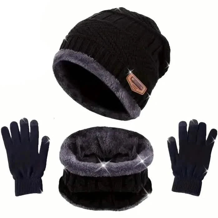3-Piece Set: Black Knit Hats Warm Beanies Winter Neck Gaiter Elastic Gloves DailySale
