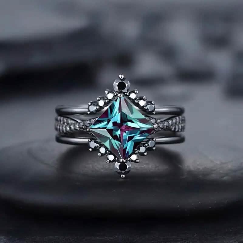 3-Piece Set: Black Square Faux Blue Zirconia Retro Luxury Ring DailySale