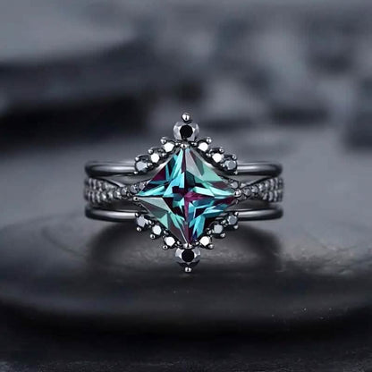 3-Piece Set: Black Square Faux Blue Zirconia Retro Luxury Ring DailySale
