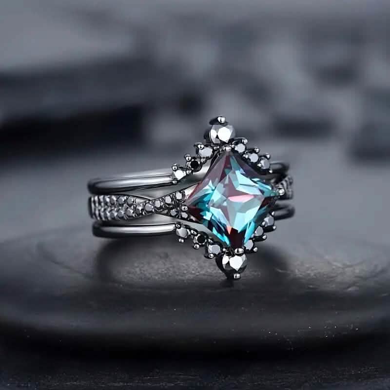 3-Piece Set: Black Square Faux Blue Zirconia Retro Luxury Ring DailySale
