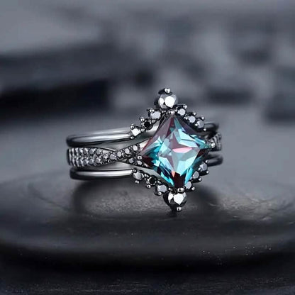 3-Piece Set: Black Square Faux Blue Zirconia Retro Luxury Ring DailySale