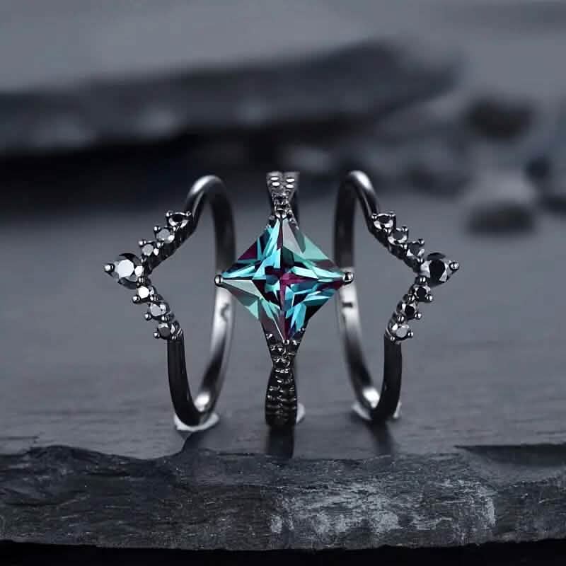 3-Piece Set: Black Square Faux Blue Zirconia Retro Luxury Ring DailySale