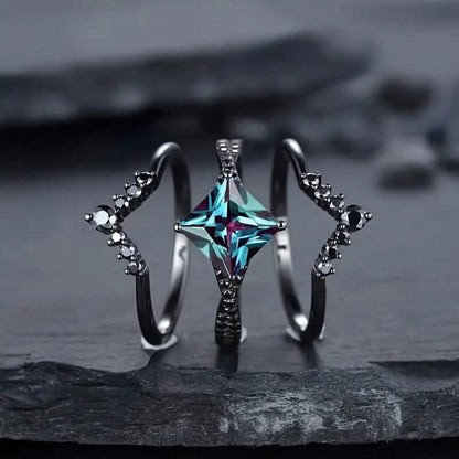 3-Piece Set: Black Square Faux Blue Zirconia Retro Luxury Ring DailySale