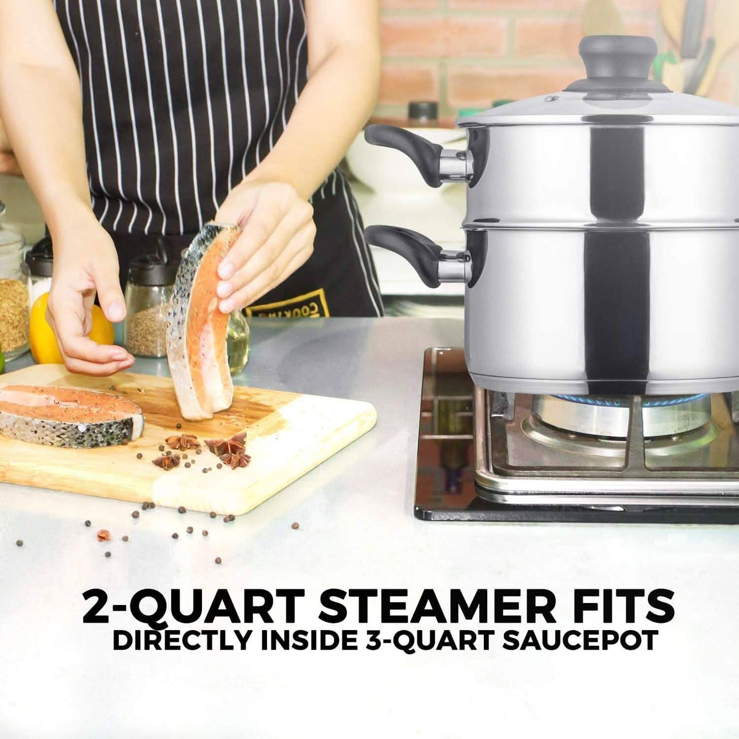 3-Piece Set: Chef's Star Stainless Steel Cookware 2 Quart Steamer Basket Set DailySale