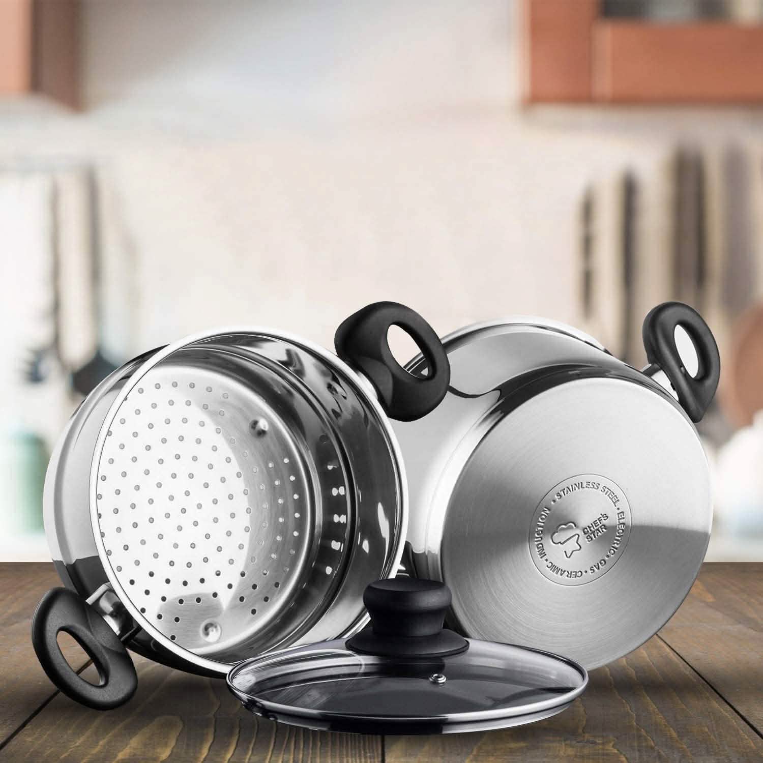 3-Piece Set: Chef's Star Stainless Steel Cookware 2 Quart Steamer Basket Set DailySale
