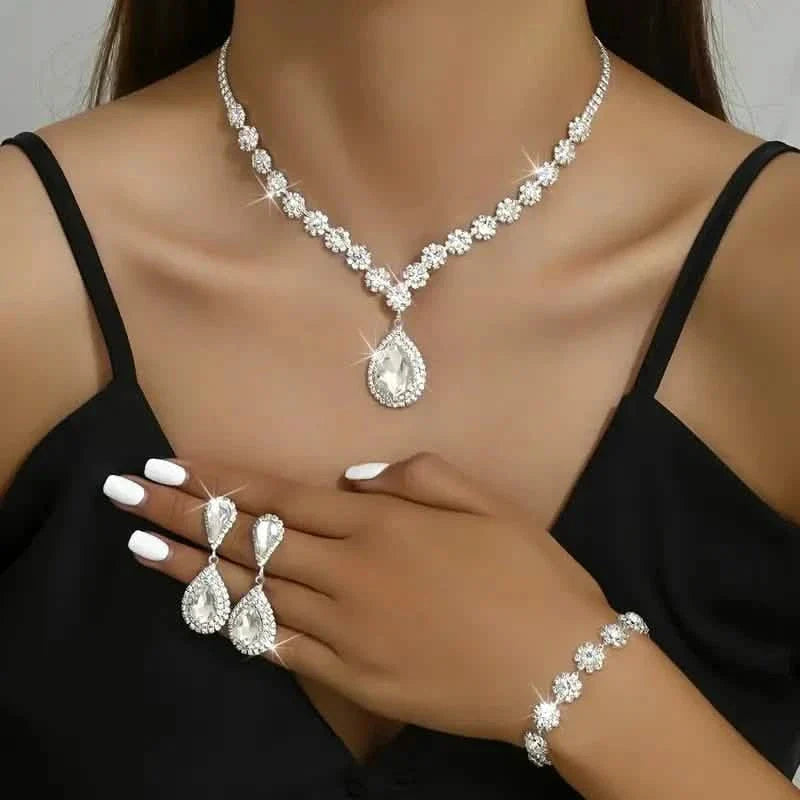 3-Piece Set: Elegant Bridal Jewelry Set - Rhinestone-Encrusted Earrings, Necklace & Bracelet Combo DailySale