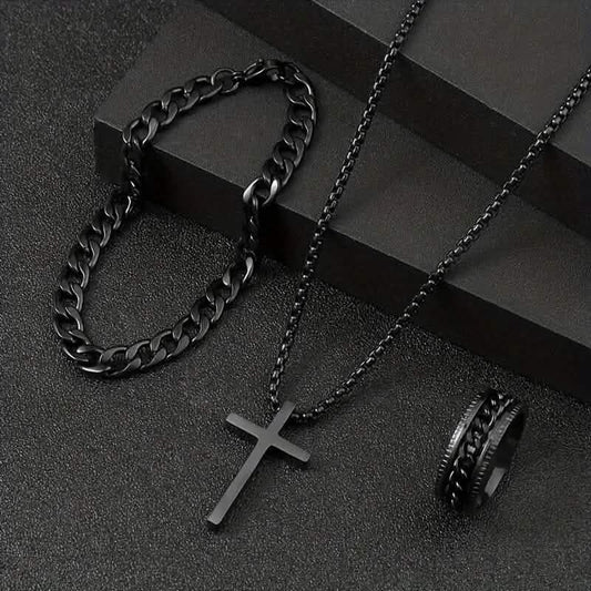 3-Piece Set: Fashion Versatile Dark Cross Stainless Steel Jewelry DailySale