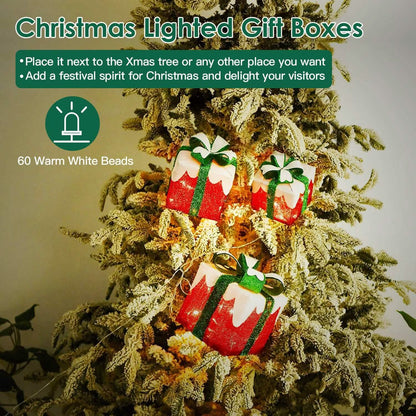 3-Piece Set: Lighted Gift Boxes Christmas Decoration IP44 with 3 Bows Timer 60 LED DailySale