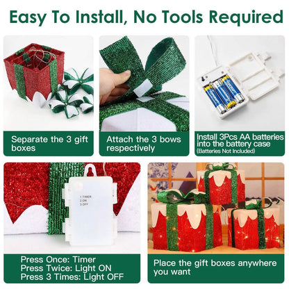3-Piece Set: Lighted Gift Boxes Christmas Decoration IP44 with 3 Bows Timer 60 LED DailySale