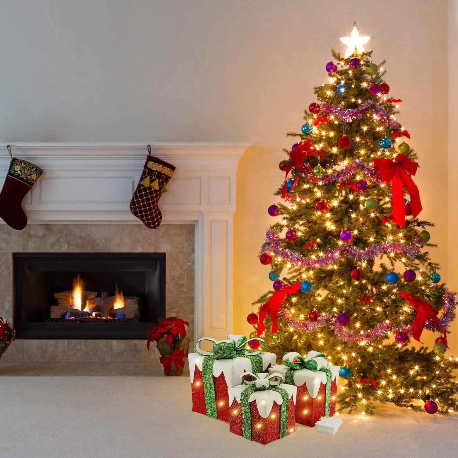 3-Piece Set: Lighted Gift Boxes Christmas Decoration IP44 with 3 Bows Timer 60 LED DailySale