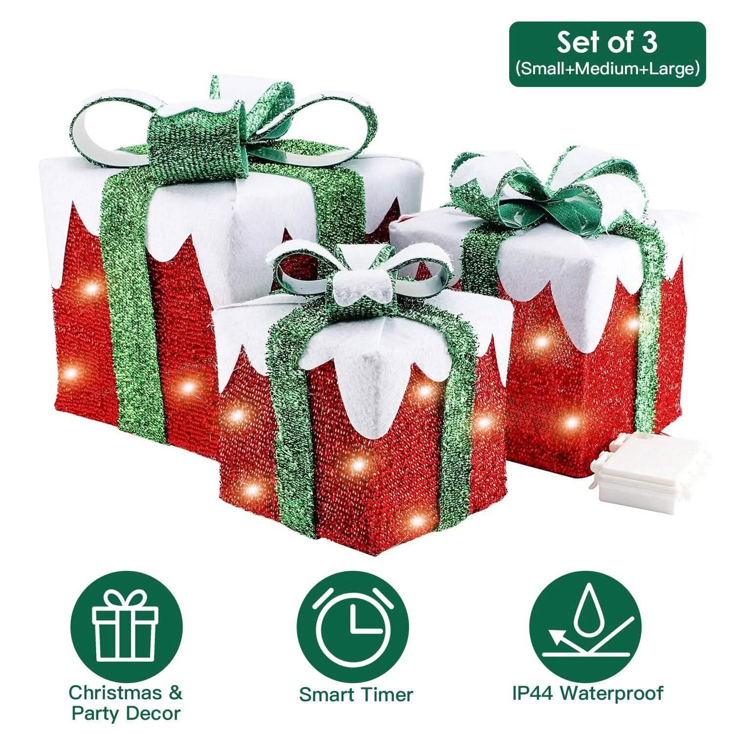 3-Piece Set: Lighted Gift Boxes Christmas Decoration IP44 with 3 Bows Timer 60 LED DailySale