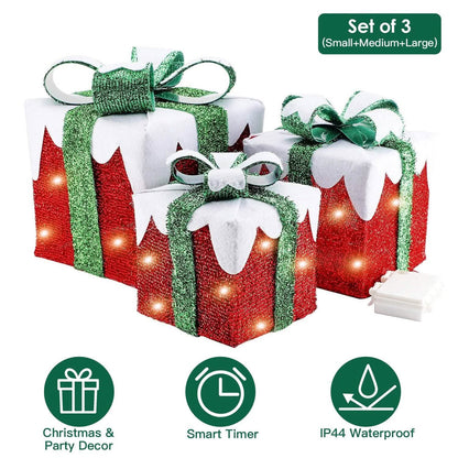 3-Piece Set: Lighted Gift Boxes Christmas Decoration IP44 with 3 Bows Timer 60 LED DailySale