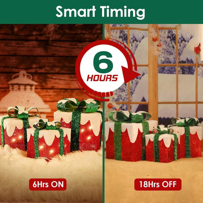 3-Piece Set: Lighted Gift Boxes Christmas Decoration IP44 with 3 Bows Timer 60 LED DailySale