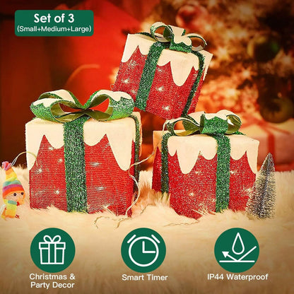 3-Piece Set: Lighted Gift Boxes Christmas Decoration IP44 with 3 Bows Timer 60 LED DailySale