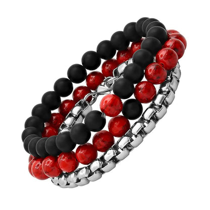 3-Piece Set: Men's Black Lava, Red Agate And Round Box Link Bracelets DailySale