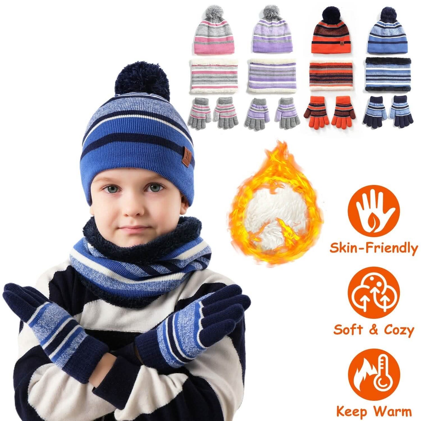 3-Piece Set: Winter Kids Knitted Warm Beanie Hat and Glove for 4-7 Years Old DailySale