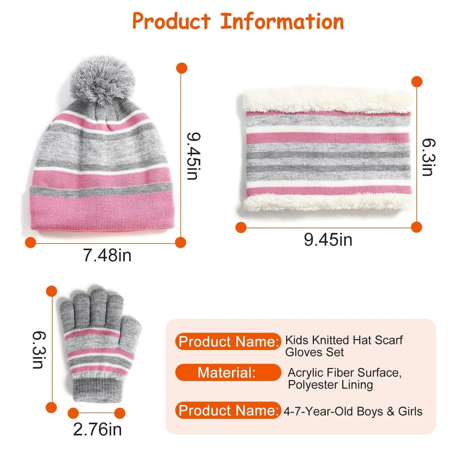 3-Piece Set: Winter Kids Knitted Warm Beanie Hat and Glove for 4-7 Years Old DailySale